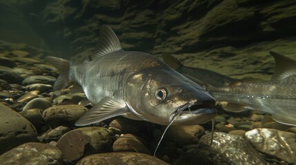 Wall Mural - Catfish (Silurus Glanis), swimming at the bottom of a river. There is one fish in the foreground