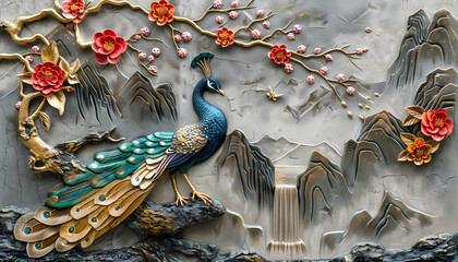 Wall Mural - colorful Volumetric Peacock bird stucco molding on a concrete wall with golden elements, Japanese landscape, waterfall, mountains, sakura. 