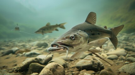 Wall Mural - Catfish (Silurus Glanis), swimming at the bottom of a river. There is one fish in the foreground