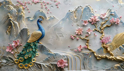 Wall Mural - colorful Volumetric Peacock bird stucco molding on a concrete wall with golden elements, Japanese landscape, waterfall, mountains, sakura. 