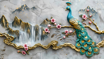 Wall Mural - colorful Volumetric Peacock bird stucco molding on a concrete wall with golden elements, Japanese landscape, waterfall, mountains, sakura. 