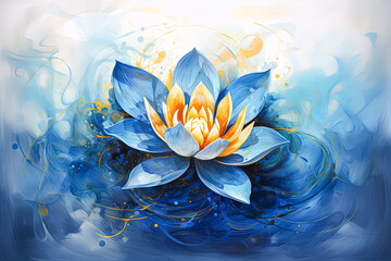 Wall Mural - A blue flower with gold accents is the main focus of the image.