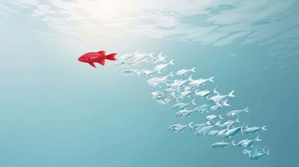 red fish leading a group of white fish, illustrating the concept of leadership and individuality, with a focus on the lone red fish against a school of white