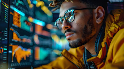 A man wearing glasses is looking at a computer screen with a lot of numbers on it. He is wearing a yellow jacket and he is focused on the screen