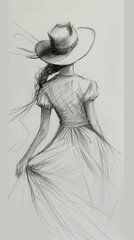 Canvas Print - A woman in a long dress and hat is shown from the back. The artist has captured the movement of the dress as it flows behind her. The image is a pencil sketch.