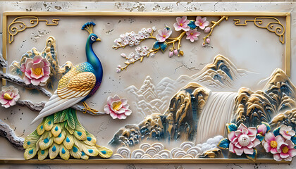 Wall Mural - colorful Volumetric Peacock bird stucco molding on a concrete wall with golden elements, Japanese landscape, waterfall, mountains, sakura. 