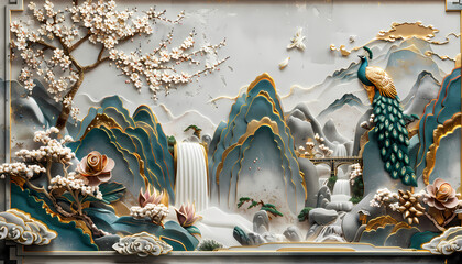 Sticker - colorful Volumetric Peacock bird stucco molding on a concrete wall with golden elements, Japanese landscape, waterfall, mountains, sakura. 