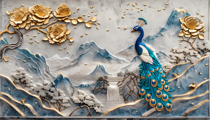 Wall Mural - colorful Volumetric Peacock bird stucco molding on a concrete wall with golden elements, Japanese landscape, waterfall, mountains, sakura. 