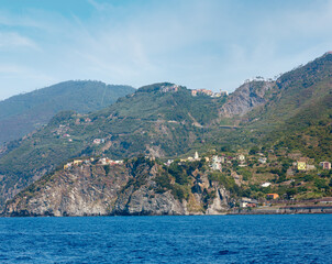 Canvas Print - Summer Corniglia view from excursion ship, Cinque Terre, Italy