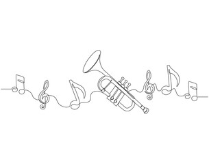 Fototapete - Continuous one line drawing of trumpet. One line drawing illustration of trumpet. Musical instrument concept singe line. Editable outline.