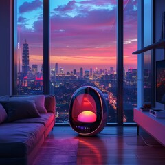 Wall Mural - Sleek electric foot warmer, in a modern minimalist living room, with a panoramic window view of a vibrant cityscape at dusk, digital painting with photorealistic details.