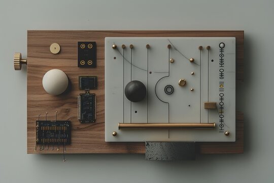 A sleek and modern physics kit featuring a pendulum, magnets, and a small circuit board on a neutral grey backdrop