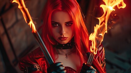 Fantasy fighting woman assassin holds in hands burning daggers.