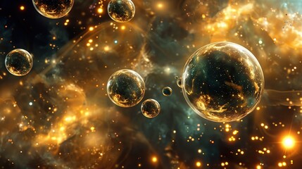 Wall Mural - outer space filled with golden universes inside bubbles 