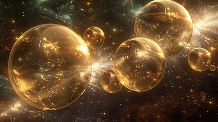 Wall Mural - outer space filled with golden universes inside bubbles 