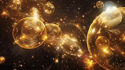 Wall Mural - golden bubbles floating in a cosmic background with sparkling particles