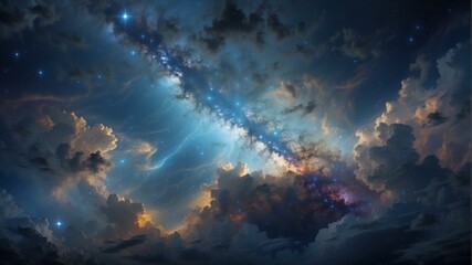 a beautiful painting of a starry night sky with clouds. ai.