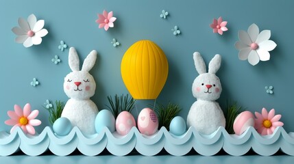 Poster - Design a whimsical Easter background with a colorful hot air balloon floating above a vibrant landscape filled with Easter festivities.