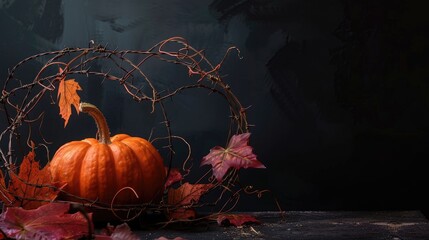 Wall Mural - Halloween themed decoration featuring an orange pumpkin and a wreath of barbed wire on a dark backdrop