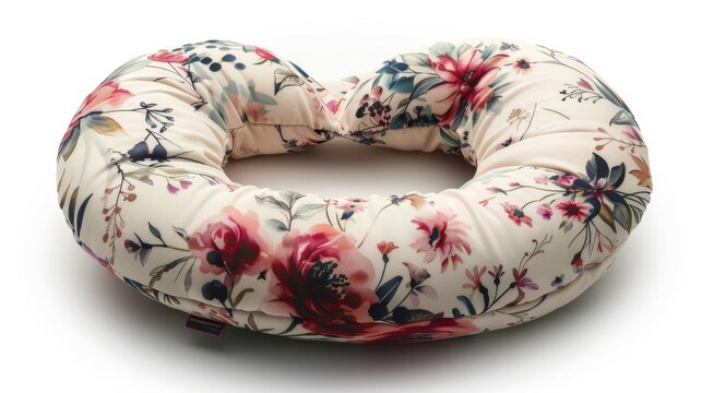 Top-down shot of an elegant neck pillow, rich satin fabric with floral patterns, watercolor style, delicate blending of pastel colors, serene and soft ambiance