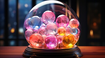 Canvas Print - Colorful Glass Orbs in a Transparent Dome Display at Night