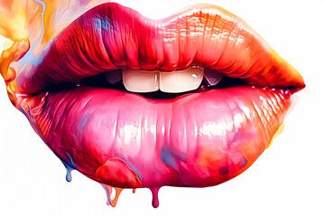 Wall Mural - A colorful painting of a woman's lips with a rainbow of colors