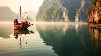 Wall Mural - A boat is sailing in a river with mountains in the background.