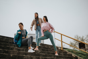 Wall Mural - Fitness and friendship concept with three young women pausing their stair exercise routine to chat and relax together.