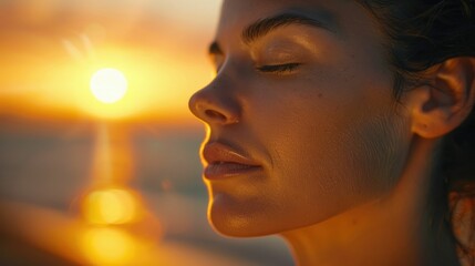 Wall Mural - A closeup of a womans face with her eyelashes highlighted by the sunset, her eyes closed in happiness. The sky is filled with clouds and backlighting, giving a tranquil dusk atmosphere AIG50