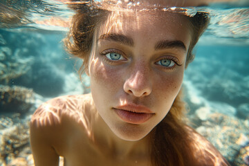 European woman swimming in a coral reef