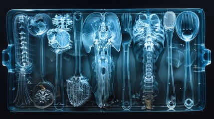 Wall Mural - X-ray scan of a set of kitchen utensils, showcasing the handles and metal components.