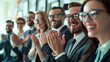© Катерина Євтехова - a  of a business team celebrating a success, some wearing eyeglasses, clapping and smiling, depth of field, group of businesspeople, business, office, eyeglasses, boa