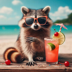 Wall Mural - Raccoon on the beach in summer with a cocktail