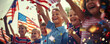 © Thanaphon - Happy children celebrating Fourth of July with American flags and confetti, enjoying Independence Day festivity outdoors with excitement.