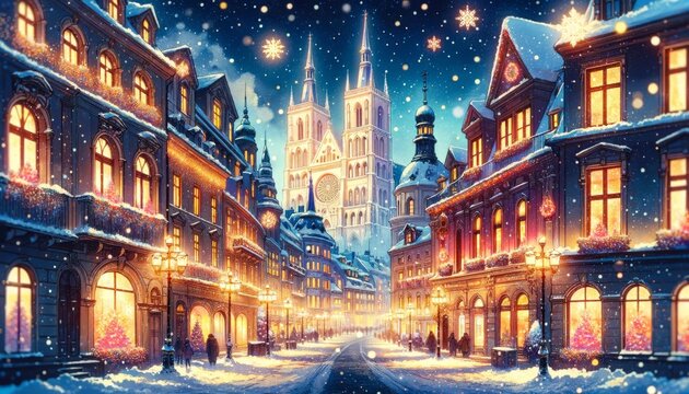 A magical winter night, with buildings adorned with holiday lights and a grand cathedral in distance