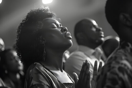 a group of black people worshipping, praising, in the church, hand up, praying and singing, black and white