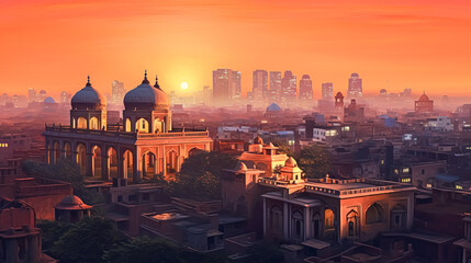 Wall Mural - A beautiful sunset over a city with a large red building in the background.