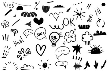 Hand drawn cute cartoon pencil sketches decorative icons. Set of simple hand drawn vector elements. Sketch of fashion icons, accents, speech bubbles, arrows and shapes.