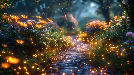 A peaceful garden aglow with the soft light of fireflies, their delicate flickers weaving a tapestry of light and shadow