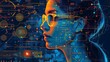 © ngstock - Portrait of a woman in glasses with digital data overlay, representing technology and innovation, perfect for tech-related content.