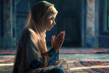 A young woman wearing a hijab praying in a room