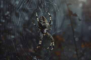 Spider in a silk web in a dark forest close up
