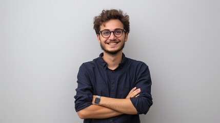 Smiling young man with glasses standing with arms crossed. He wears a casual navy blue shirt and a digital watch. Perfect for lifestyle, professional and casual concepts. AI