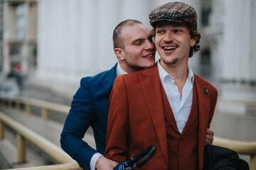 Joyful gay business couple embracing on a city street. They are smiling and wearing formal attire, enjoying a candid moment together.