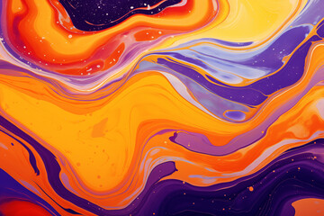 Wall Mural - Vibrant and abstract background featuring fluid art. Trendy neon gradient in orange with a marble effect in purple, orange and blue. A stylish backdrop for websites, postcards, and notebooks.