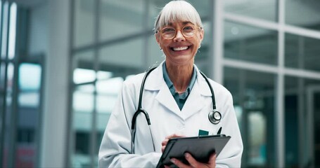 Poster - Tablet, woman and face of mature doctor in hospital for research on treatment, diagnosis or cure. Smile, career and portrait of female medical worker with digital technology for telehealth in clinic.