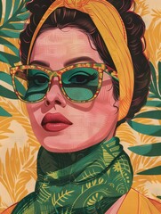 Wall Mural - Italian woman with sunglasses and a green scarf, vibrant colors, pop art