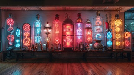 Fototapete - Arrange a neon showcase of atmospheric pressure symbols, including illuminated
