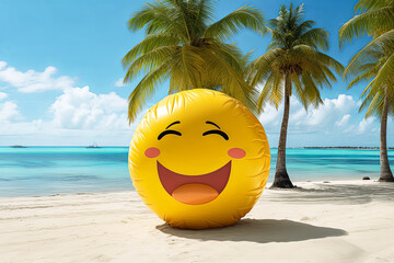 Wall Mural - A yellow beach ball with a smiley face on it is sitting on the sand.