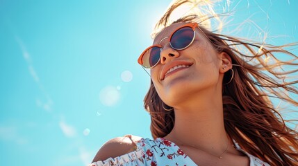 Portrait of a young Caucasian girl, wearing sunglasses, smiling against the sunny blue sky of a summer day.